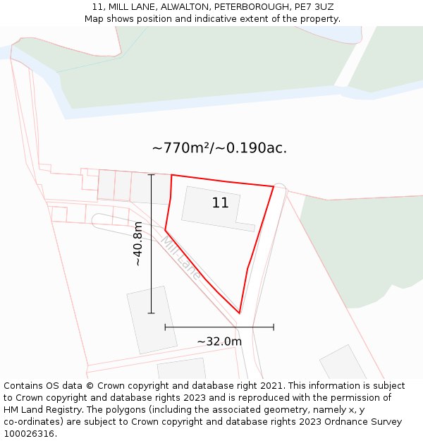 11, MILL LANE, ALWALTON, PETERBOROUGH, PE7 3UZ: Plot and title map