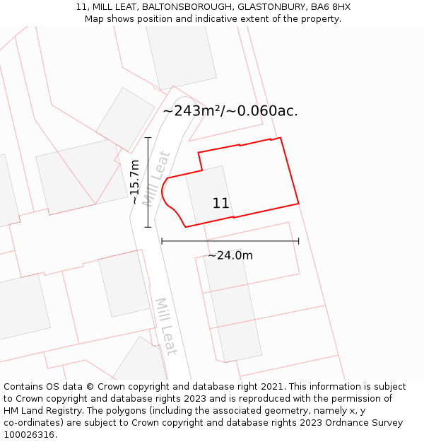 11, MILL LEAT, BALTONSBOROUGH, GLASTONBURY, BA6 8HX: Plot and title map