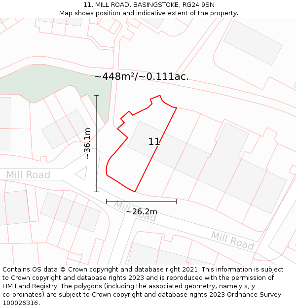 11, MILL ROAD, BASINGSTOKE, RG24 9SN: Plot and title map