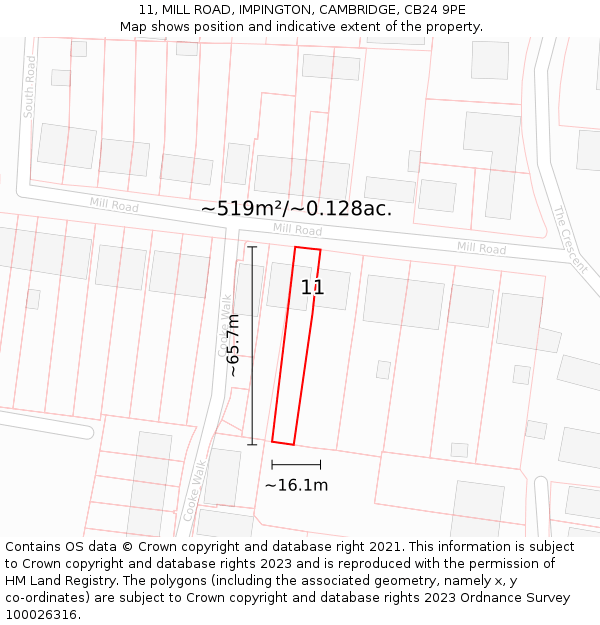 11, MILL ROAD, IMPINGTON, CAMBRIDGE, CB24 9PE: Plot and title map