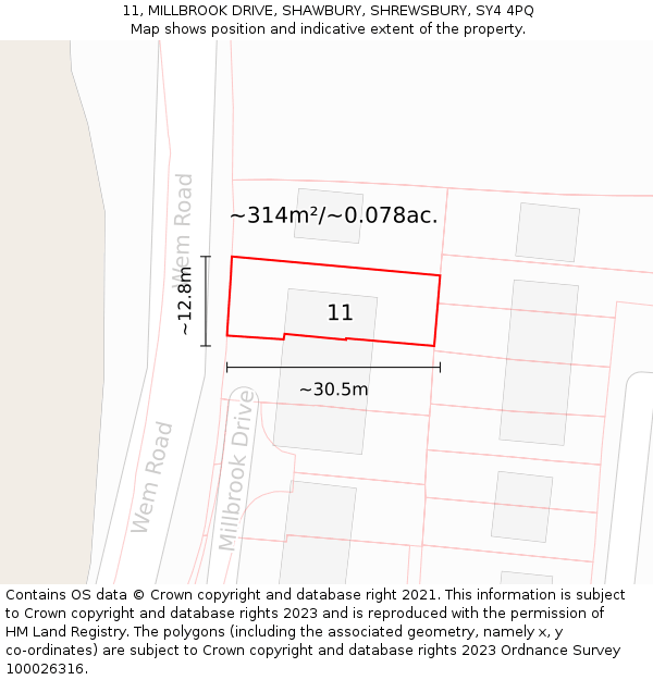 11, MILLBROOK DRIVE, SHAWBURY, SHREWSBURY, SY4 4PQ: Plot and title map
