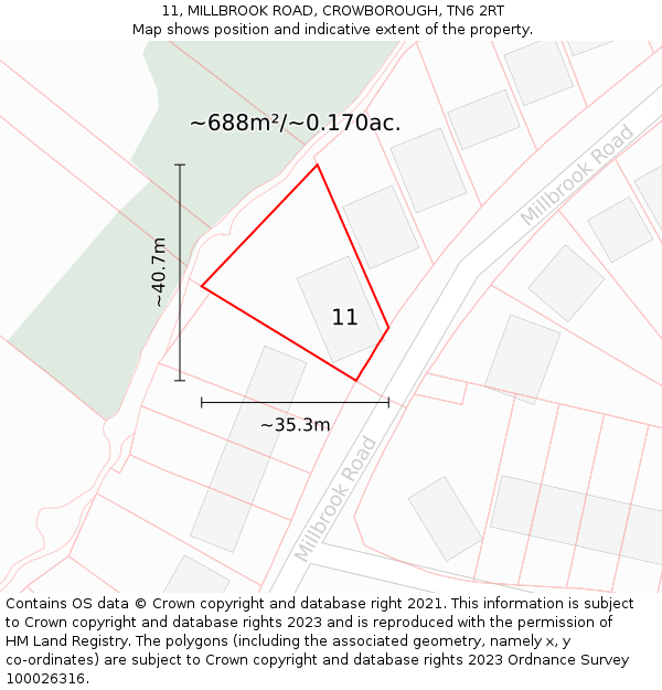 11, MILLBROOK ROAD, CROWBOROUGH, TN6 2RT: Plot and title map