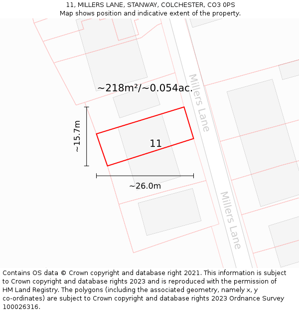 11, MILLERS LANE, STANWAY, COLCHESTER, CO3 0PS: Plot and title map