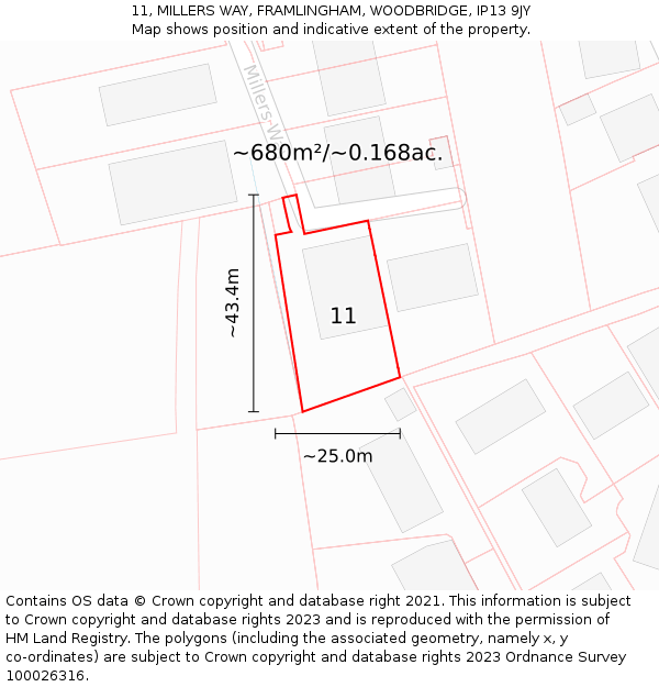 11, MILLERS WAY, FRAMLINGHAM, WOODBRIDGE, IP13 9JY: Plot and title map