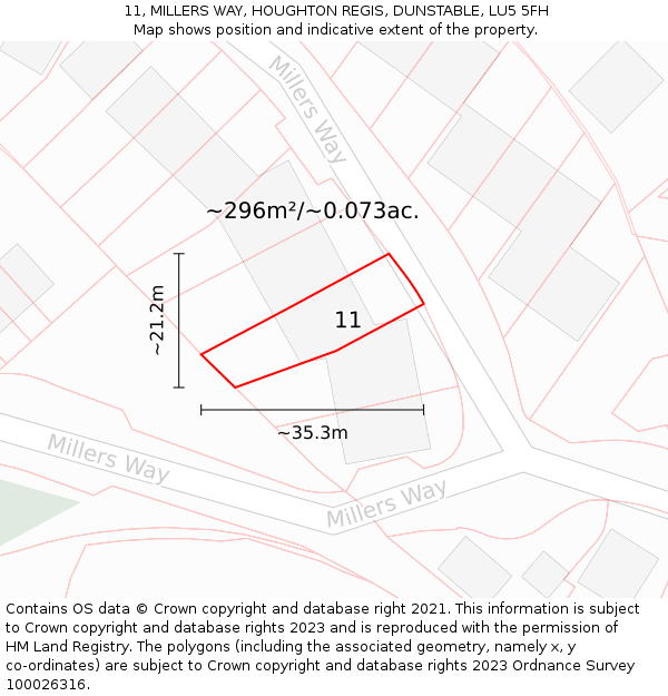 11, MILLERS WAY, HOUGHTON REGIS, DUNSTABLE, LU5 5FH: Plot and title map