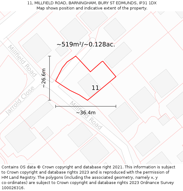 11, MILLFIELD ROAD, BARNINGHAM, BURY ST EDMUNDS, IP31 1DX: Plot and title map