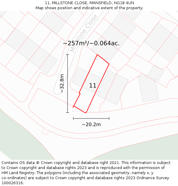 11, MILLSTONE CLOSE, MANSFIELD, NG18 4UN: Plot and title map