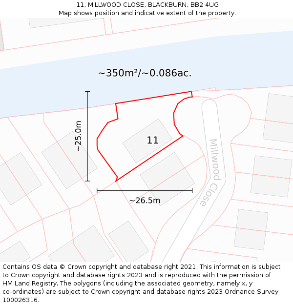 11, MILLWOOD CLOSE, BLACKBURN, BB2 4UG: Plot and title map