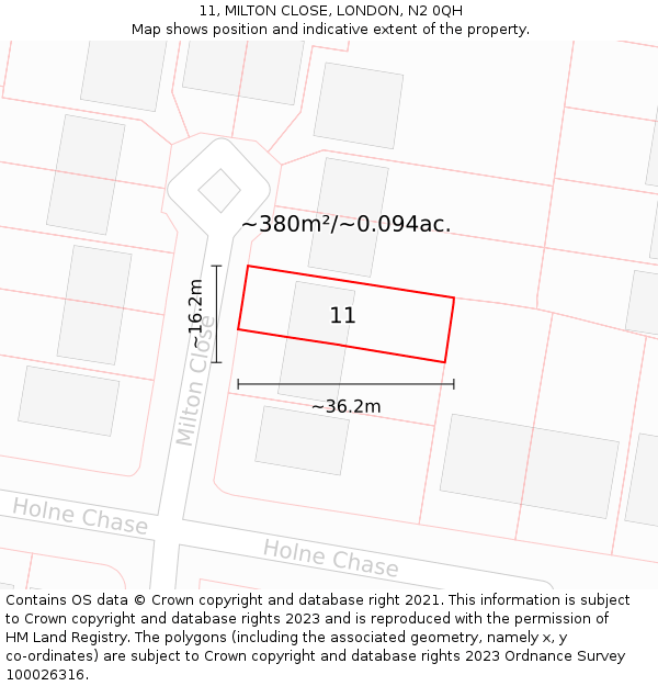 11, MILTON CLOSE, LONDON, N2 0QH: Plot and title map