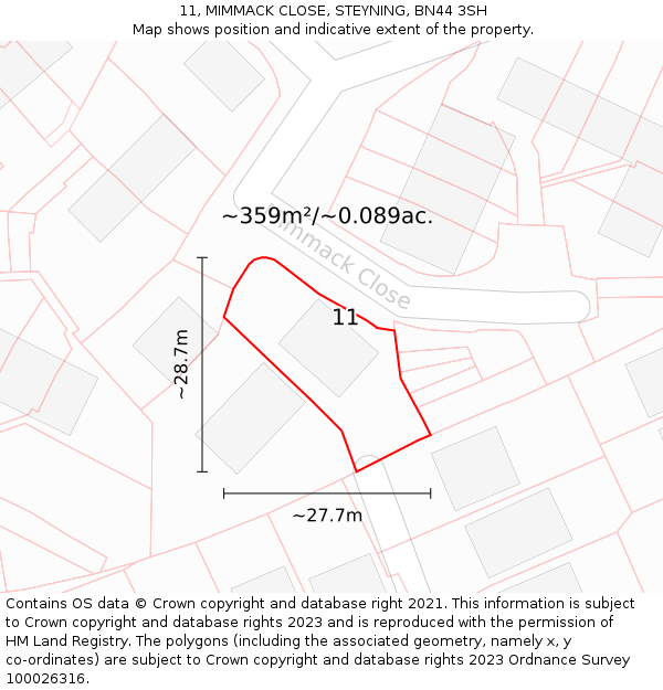 11, MIMMACK CLOSE, STEYNING, BN44 3SH: Plot and title map