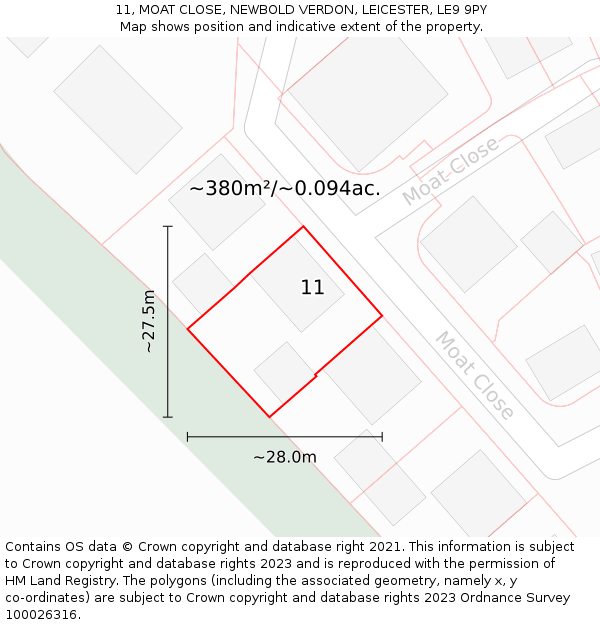 11, MOAT CLOSE, NEWBOLD VERDON, LEICESTER, LE9 9PY: Plot and title map