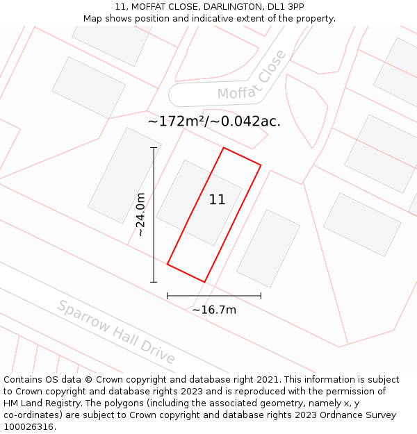 11, MOFFAT CLOSE, DARLINGTON, DL1 3PP: Plot and title map