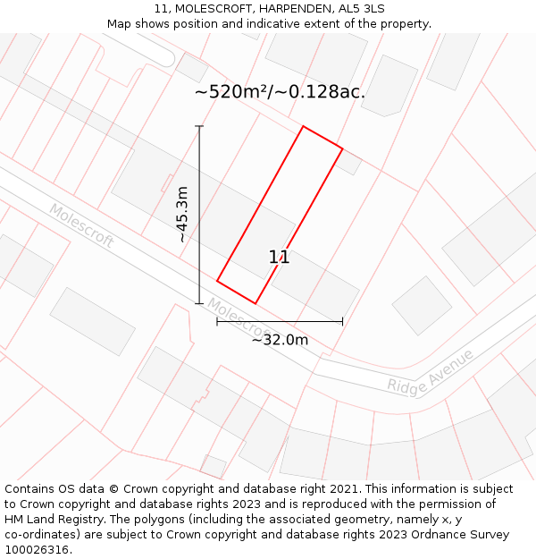 11, MOLESCROFT, HARPENDEN, AL5 3LS: Plot and title map