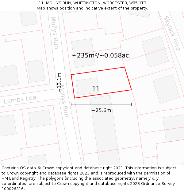 11, MOLLYS RUN, WHITTINGTON, WORCESTER, WR5 1TB: Plot and title map