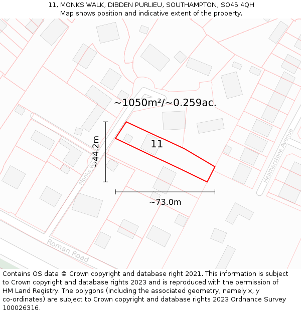 11, MONKS WALK, DIBDEN PURLIEU, SOUTHAMPTON, SO45 4QH: Plot and title map