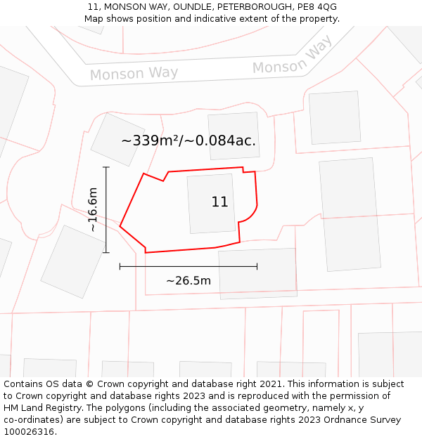 11, MONSON WAY, OUNDLE, PETERBOROUGH, PE8 4QG: Plot and title map