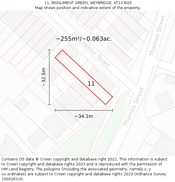 11, MONUMENT GREEN, WEYBRIDGE, KT13 8QS: Plot and title map