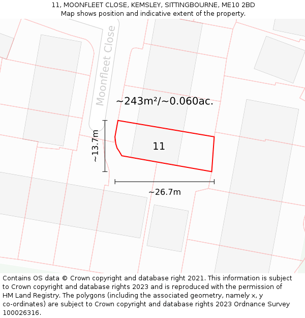 11, MOONFLEET CLOSE, KEMSLEY, SITTINGBOURNE, ME10 2BD: Plot and title map
