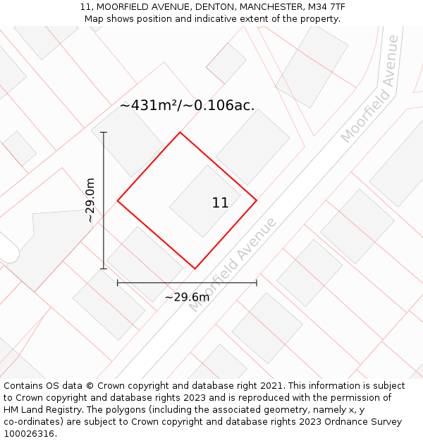 11, MOORFIELD AVENUE, DENTON, MANCHESTER, M34 7TF: Plot and title map