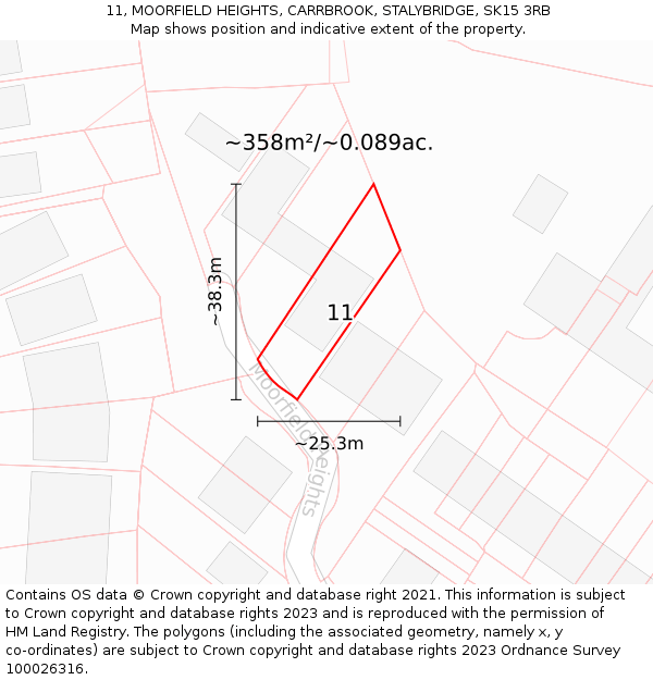 11, MOORFIELD HEIGHTS, CARRBROOK, STALYBRIDGE, SK15 3RB: Plot and title map