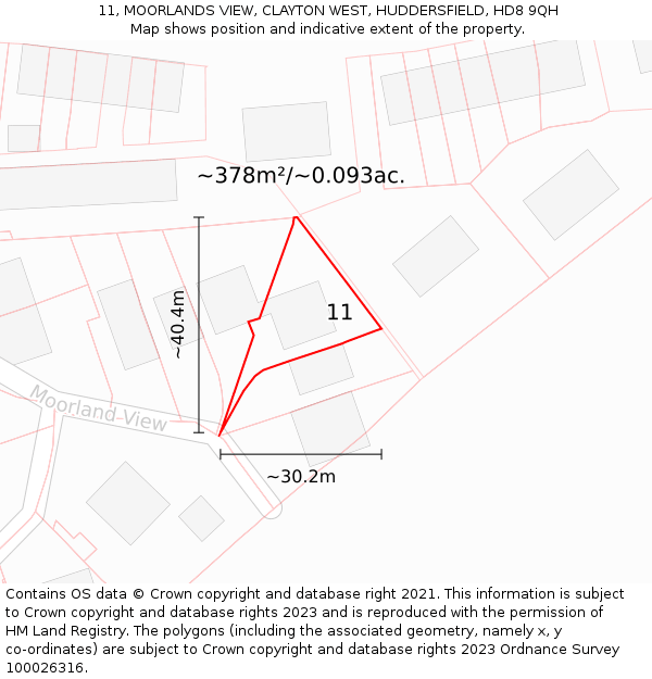 11, MOORLANDS VIEW, CLAYTON WEST, HUDDERSFIELD, HD8 9QH: Plot and title map