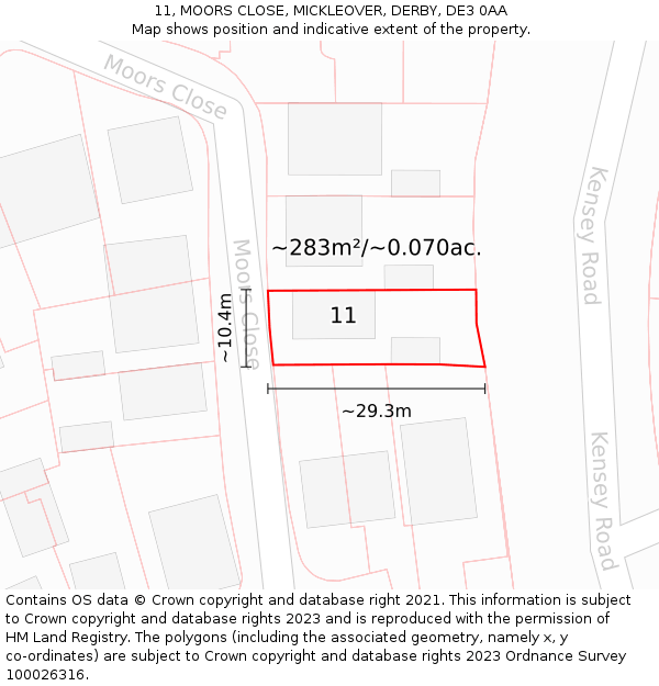 11, MOORS CLOSE, MICKLEOVER, DERBY, DE3 0AA: Plot and title map