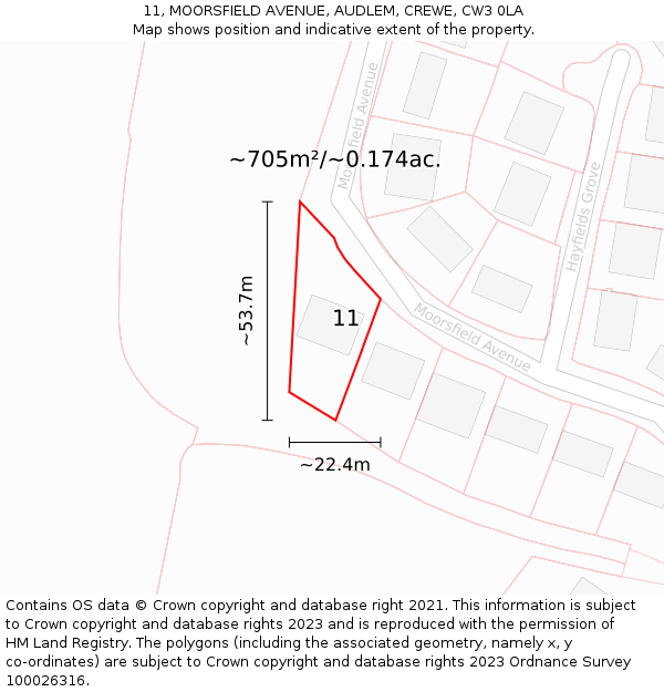 11, MOORSFIELD AVENUE, AUDLEM, CREWE, CW3 0LA: Plot and title map