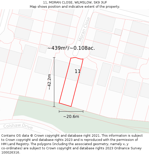 11, MORAN CLOSE, WILMSLOW, SK9 3UF: Plot and title map