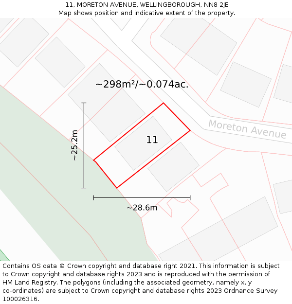 11, MORETON AVENUE, WELLINGBOROUGH, NN8 2JE: Plot and title map