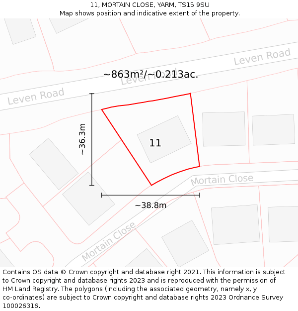 11, MORTAIN CLOSE, YARM, TS15 9SU: Plot and title map