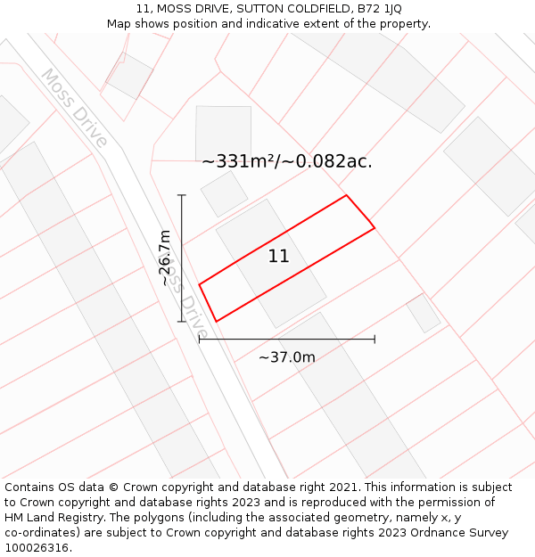 11, MOSS DRIVE, SUTTON COLDFIELD, B72 1JQ: Plot and title map