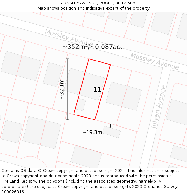 11, MOSSLEY AVENUE, POOLE, BH12 5EA: Plot and title map