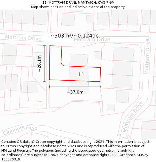 11, MOTTRAM DRIVE, NANTWICH, CW5 7NW: Plot and title map