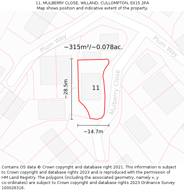 11, MULBERRY CLOSE, WILLAND, CULLOMPTON, EX15 2PA: Plot and title map