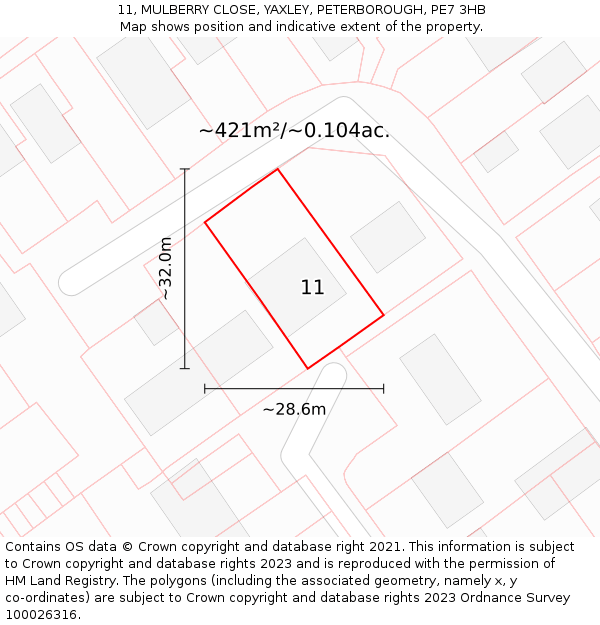 11, MULBERRY CLOSE, YAXLEY, PETERBOROUGH, PE7 3HB: Plot and title map