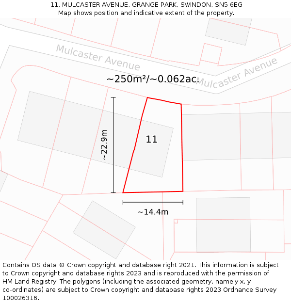 11, MULCASTER AVENUE, GRANGE PARK, SWINDON, SN5 6EG: Plot and title map