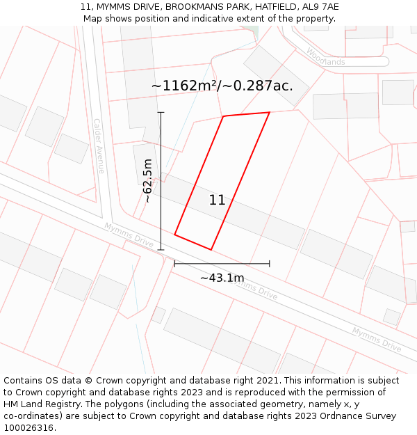 11, MYMMS DRIVE, BROOKMANS PARK, HATFIELD, AL9 7AE: Plot and title map