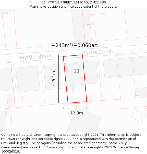 11, MYRTLE STREET, RETFORD, DN22 7BS: Plot and title map
