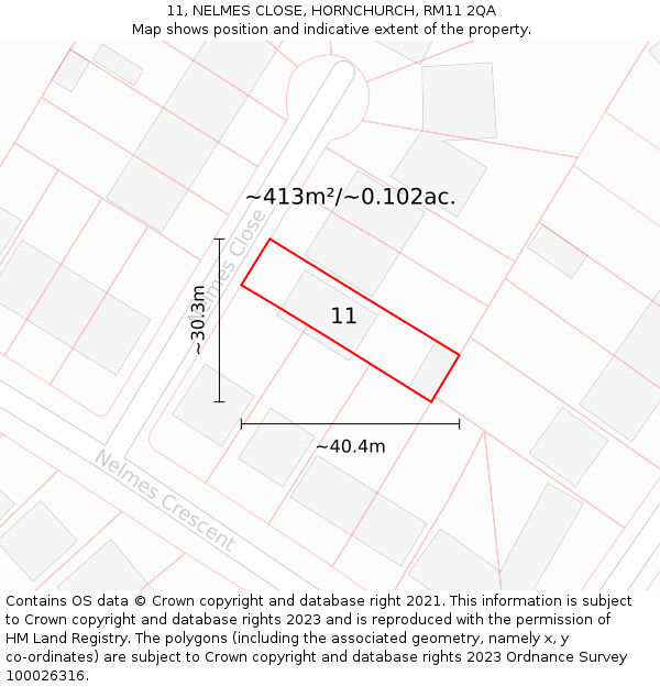 11, NELMES CLOSE, HORNCHURCH, RM11 2QA: Plot and title map