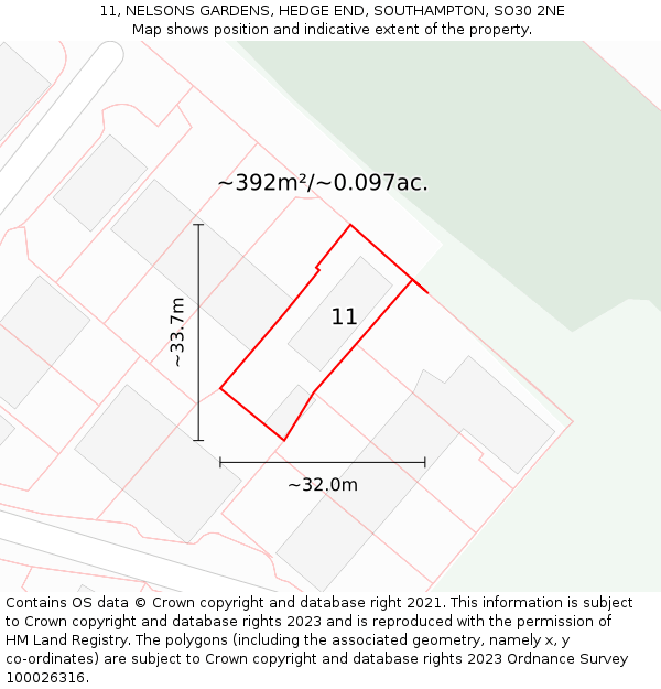 11, NELSONS GARDENS, HEDGE END, SOUTHAMPTON, SO30 2NE: Plot and title map