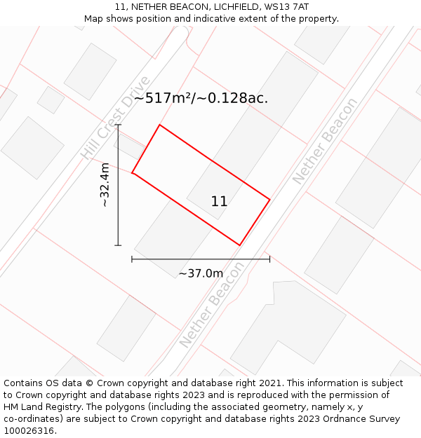 11, NETHER BEACON, LICHFIELD, WS13 7AT: Plot and title map