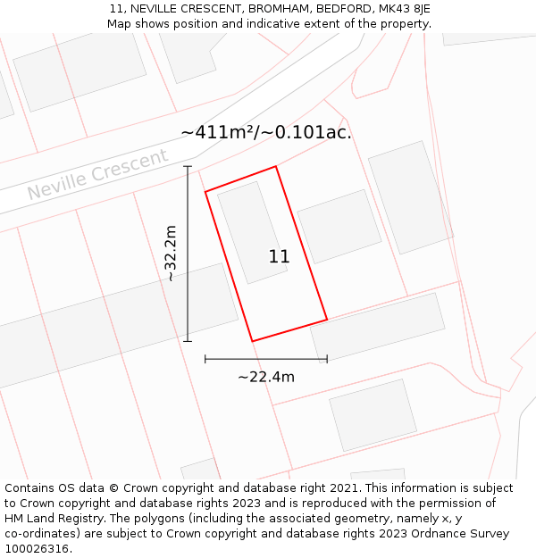 11, NEVILLE CRESCENT, BROMHAM, BEDFORD, MK43 8JE: Plot and title map