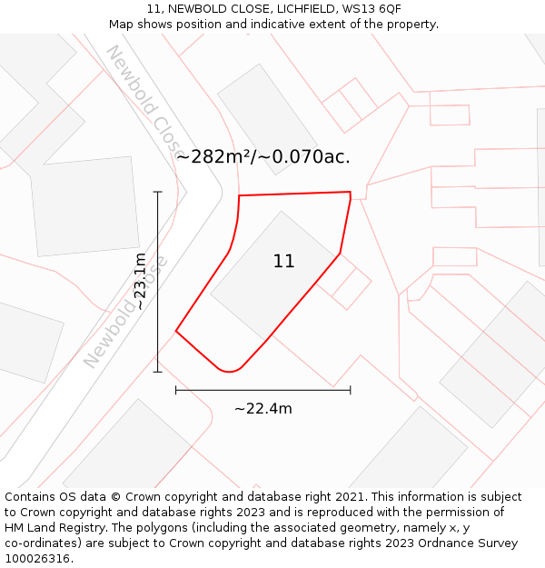 11, NEWBOLD CLOSE, LICHFIELD, WS13 6QF: Plot and title map