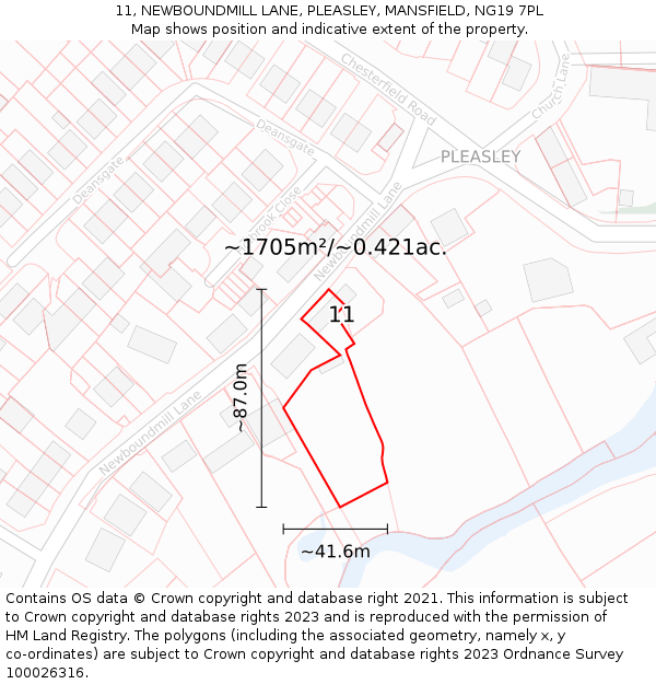 11, NEWBOUNDMILL LANE, PLEASLEY, MANSFIELD, NG19 7PL: Plot and title map