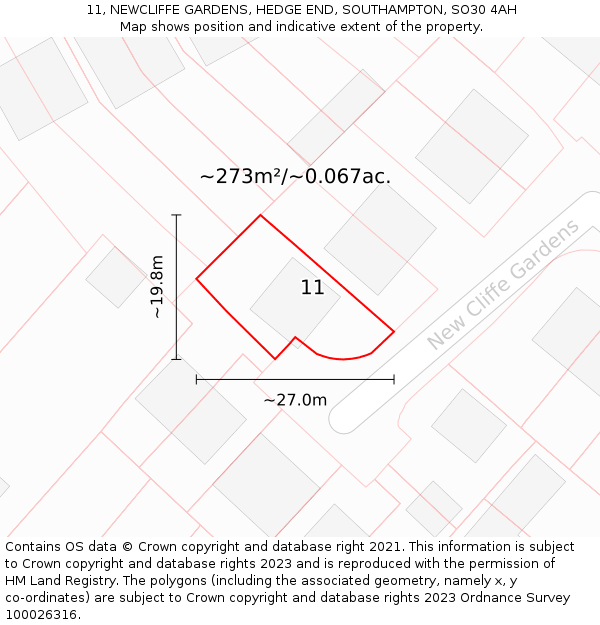 11, NEWCLIFFE GARDENS, HEDGE END, SOUTHAMPTON, SO30 4AH: Plot and title map