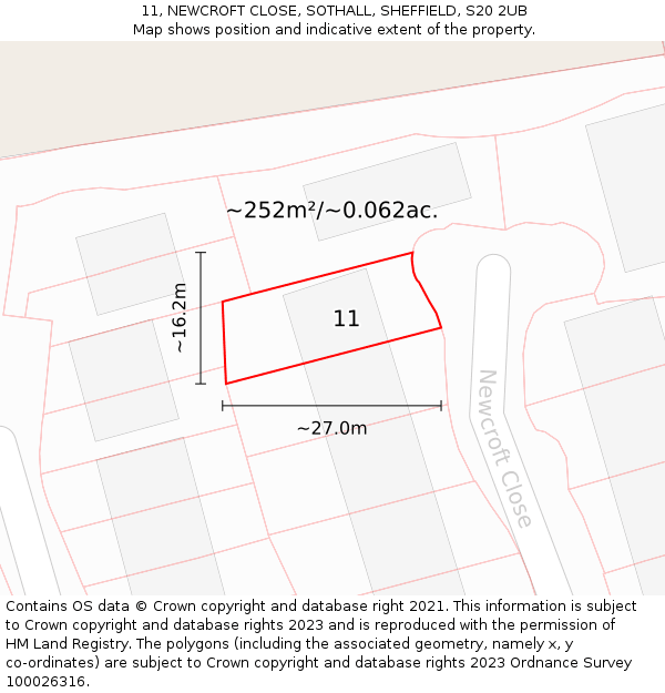 11, NEWCROFT CLOSE, SOTHALL, SHEFFIELD, S20 2UB: Plot and title map