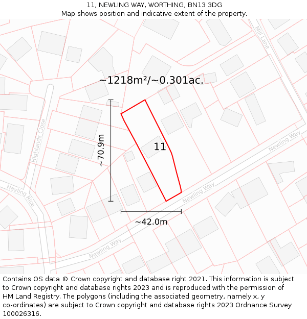 11, NEWLING WAY, WORTHING, BN13 3DG: Plot and title map