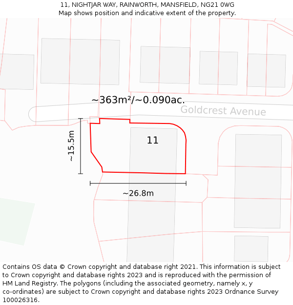 11, NIGHTJAR WAY, RAINWORTH, MANSFIELD, NG21 0WG: Plot and title map