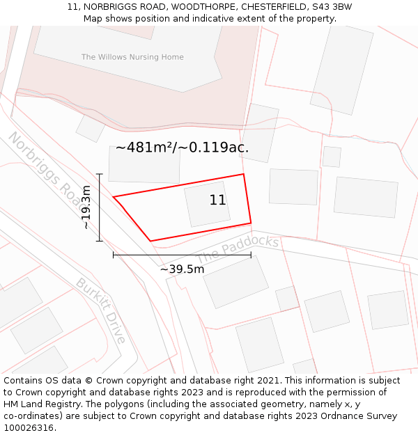 11, NORBRIGGS ROAD, WOODTHORPE, CHESTERFIELD, S43 3BW: Plot and title map