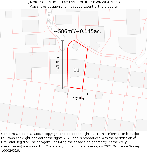 11, NOREDALE, SHOEBURYNESS, SOUTHEND-ON-SEA, SS3 9JZ: Plot and title map
